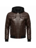 Brown Hooded Bomber Leather Jacket