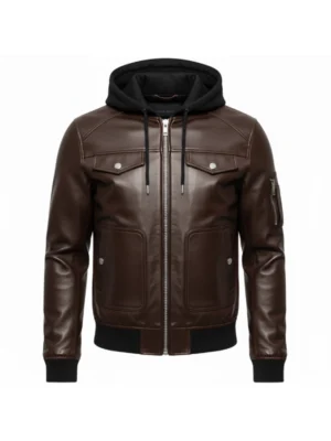 Brown Hooded Bomber Leather Jacket