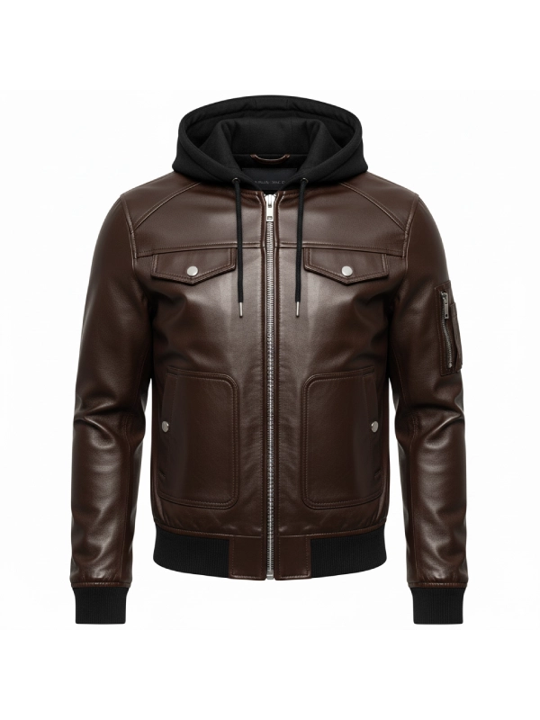 Brown Hooded Bomber Leather Jacket