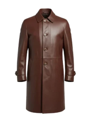 Button Leather Down Cognac Car Coat
