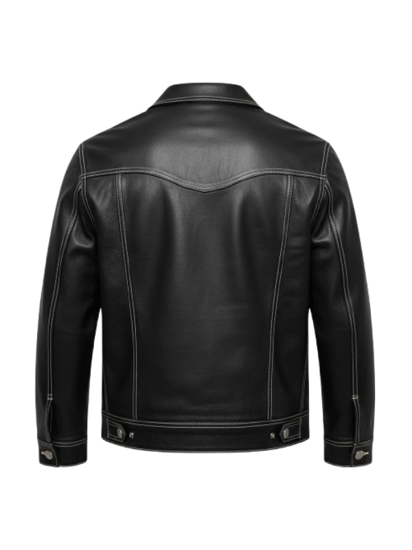 Four Pockets Black Leather Trucker Jacket