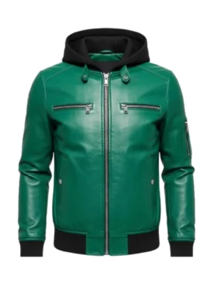 Hooded Green Leather Bomber Jacket