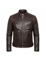 Men Dark Brown Biker Style Quilted Shoulder Leather Jacket