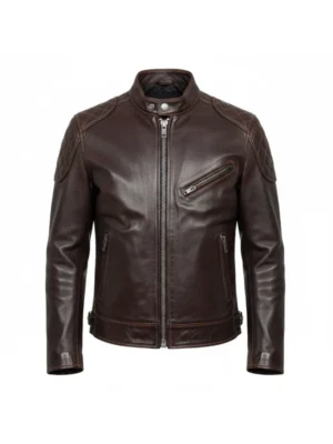 Men Dark Brown Biker Style Quilted Shoulder Leather Jacket