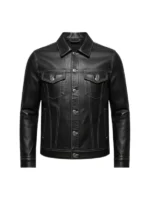 Men Four Pockets Black Leather Trucker Jacket