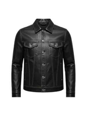 Men Four Pockets Black Leather Trucker Jacket