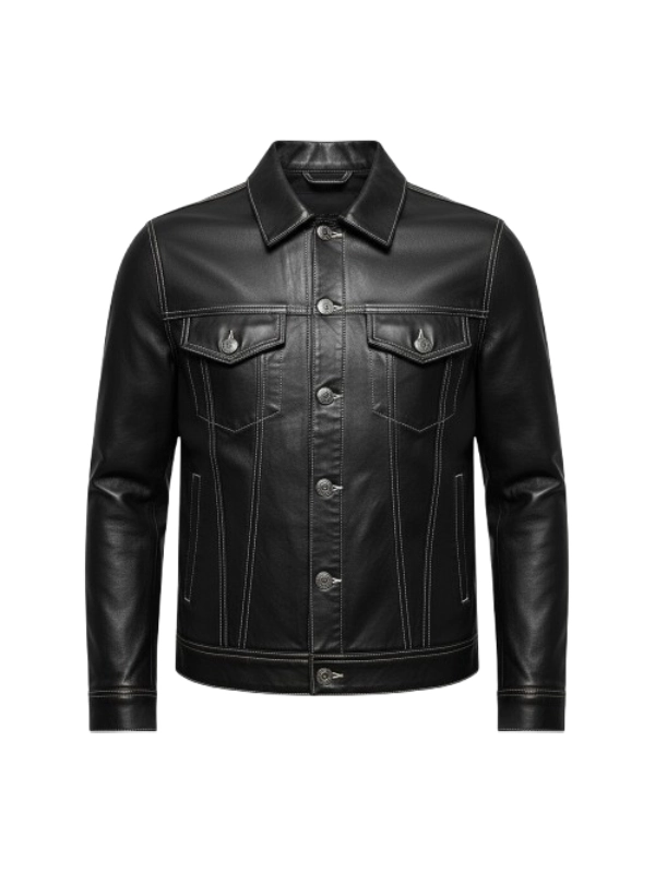Men Four Pockets Black Leather Trucker Jacket
