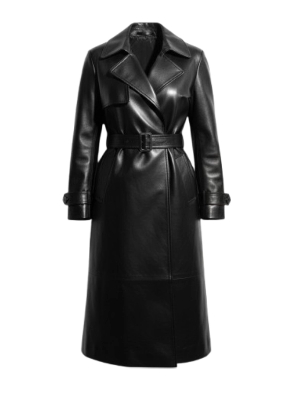 Women Elegant Black Leather Trench Coat