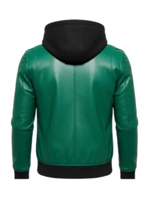 Women Green Hooded Bomber Leather Jacket