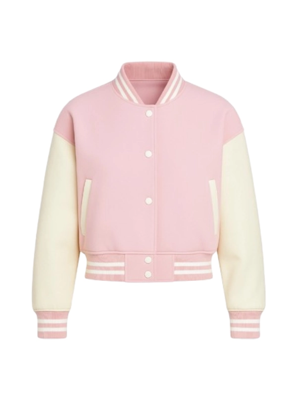 Women Pink Wool Cropped Varsity Jacket