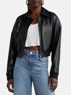 Black Leather Cropped Bomber Jacket