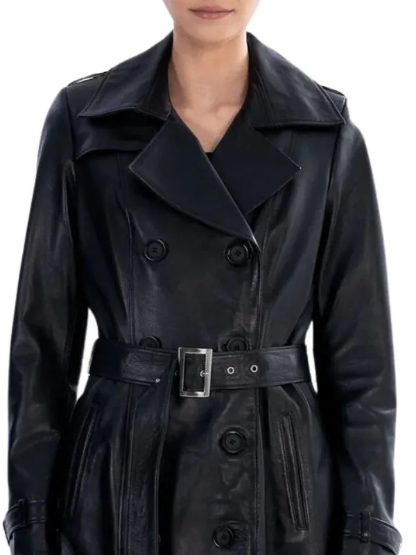 Black Spring Belted Leather Trench Coat Women