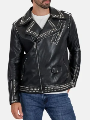 Men Black Biker Studded Leather Jacket