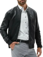 Men Black Cafe Racer Bomber Leather Jacket