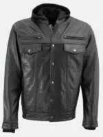 Men Black Hooded Leather Jacket