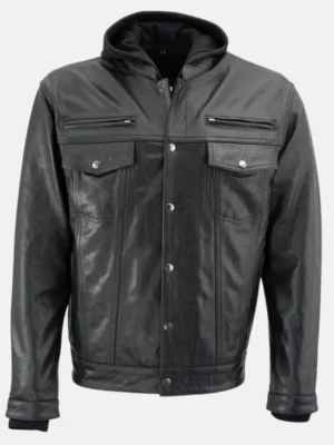 Men Black Hooded Leather Jacket