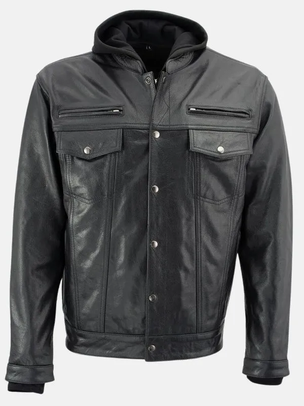 Men Black Hooded Leather Jacket