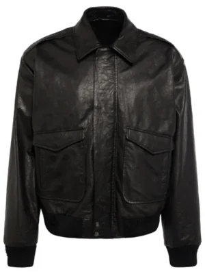 Men Black Leather Bomber Jacket