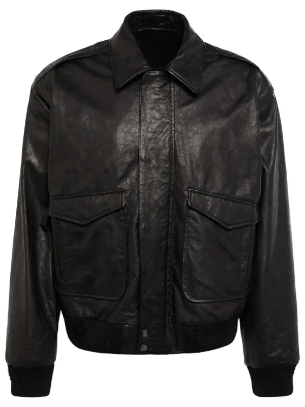 Men Black Leather Bomber Jacket
