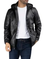 Men Black Leather Jacket With Hood