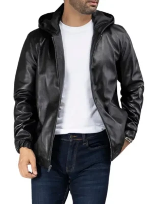 Men Black Leather Jacket With Hood