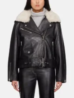 Women Black Biker Leather Jacket With Fur Collar