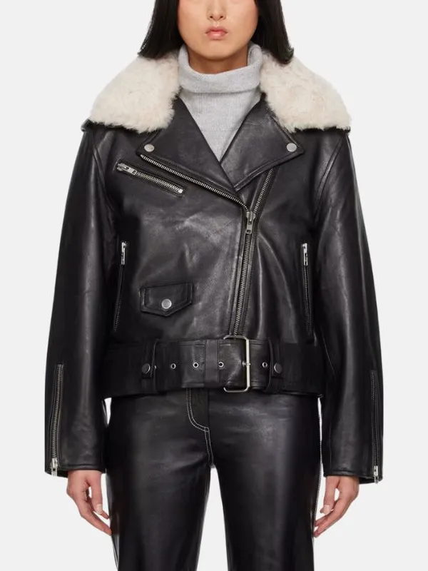 Women Black Biker Leather Jacket With Fur Collar
