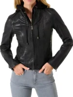 Women Black Cafe Racer Hooded Leather Jacket