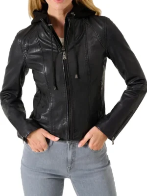 Women Black Cafe Racer Hooded Leather Jacket