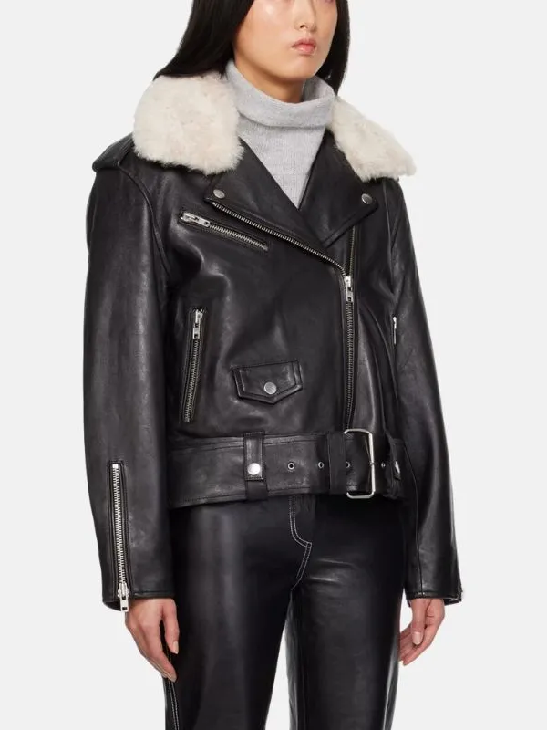 Women Black Leather Biker Jacket With Fur Collar