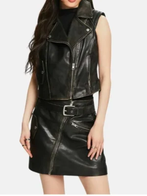 Women Black Leather Biker Vest