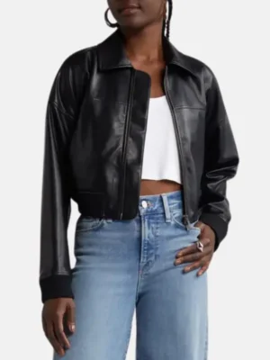 Women Black Leather Cropped Bomber Jacket