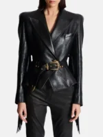 Women Black Leather Fringe Jacket