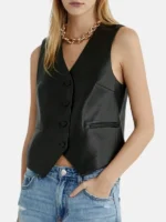 Women Black Leather Vest