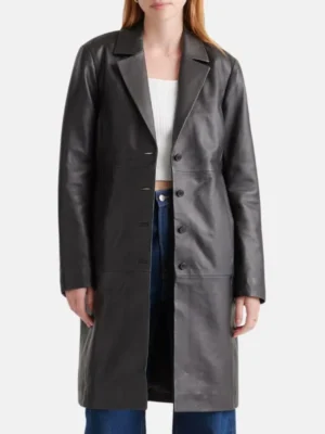 Women Black Long Leather Trench Coat