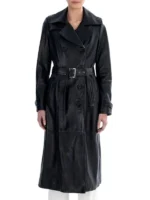 Women Black Spring Belted Leather Trench Coat