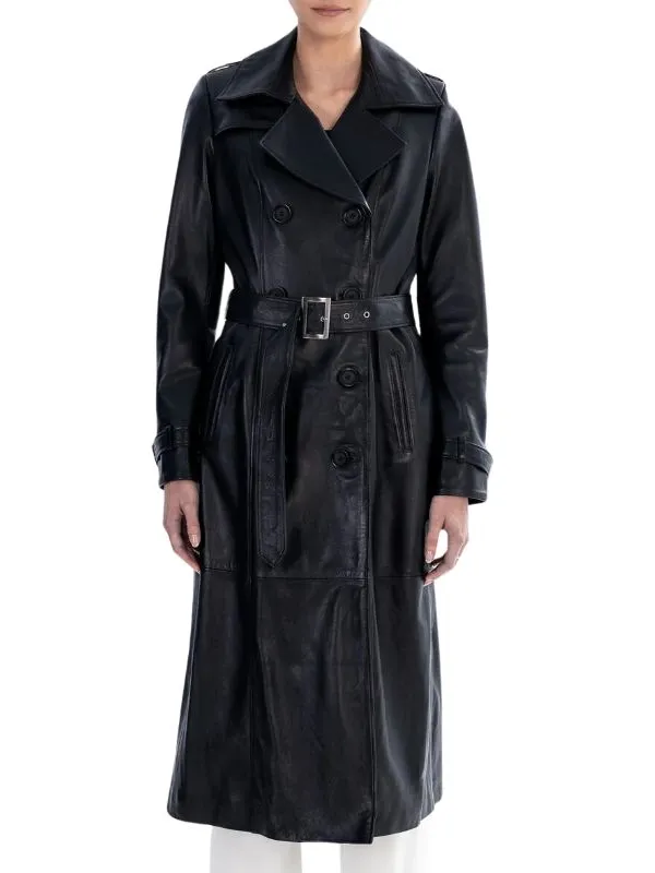 Women Black Spring Belted Leather Trench Coat