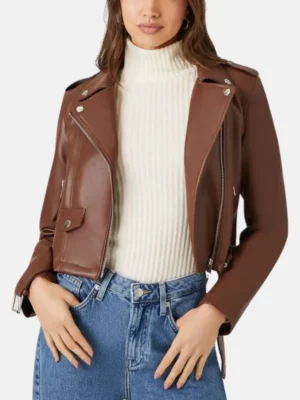 Women Brown Cropped Motorcycle Leather Jacket