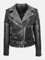 Women Studded Black Leather Moto Jacket