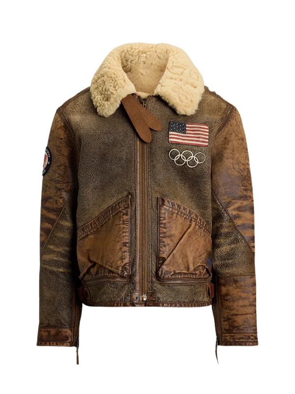 2026 Milano Cortina Winter Olympics Team USA Shearling Flight Brown Leather Jacket
