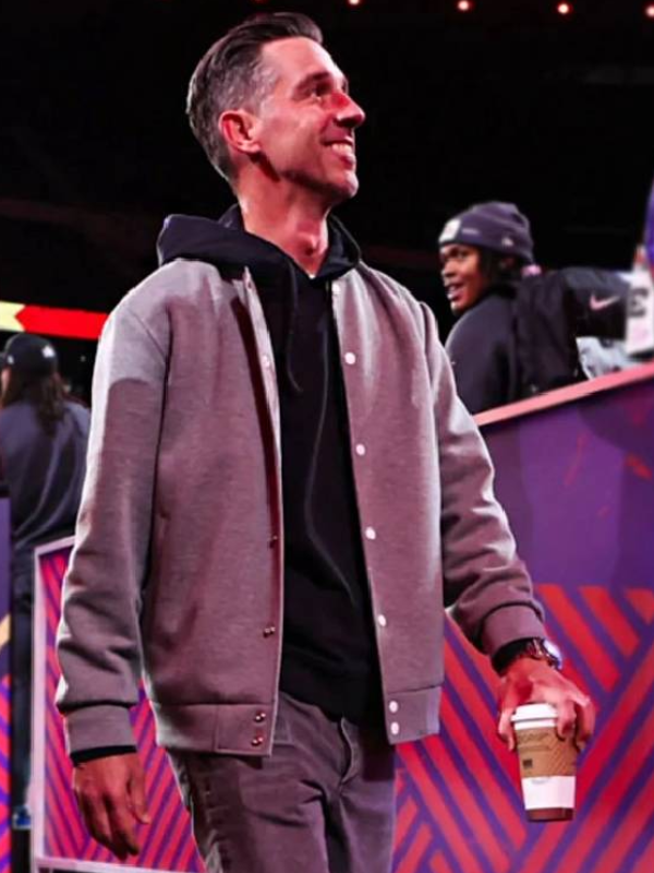 San Francisco 49ers Super Bowl LVIII Opening Night Kyle Shanahan Grey Bomber Jacket