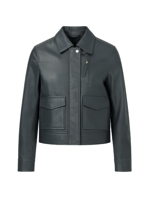 Michelle-Morgan-Heartland-S19-Lou-Fleming-Grey-Leather-Jacket