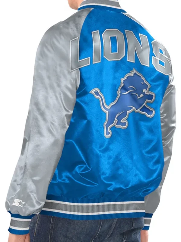 Detroit Lions Inductee Full Snap Blue and Silver Satin Varsity Jacket Back