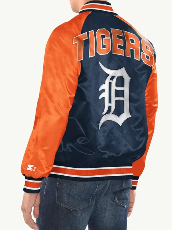 Detroit Tigers Inductee Navy and Orange Full Snap Satin Varsity Jacket Back