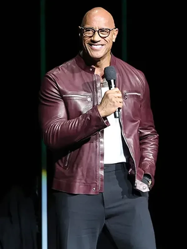 Dwayne The Rock Johnson CinemaCon 2026 Burgundy Motorcycle Leather Jacket
