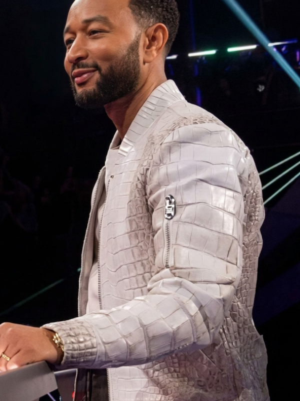 John Legend TV Show The Voice 2026 White Full Zip Crocodile Leather Jacket