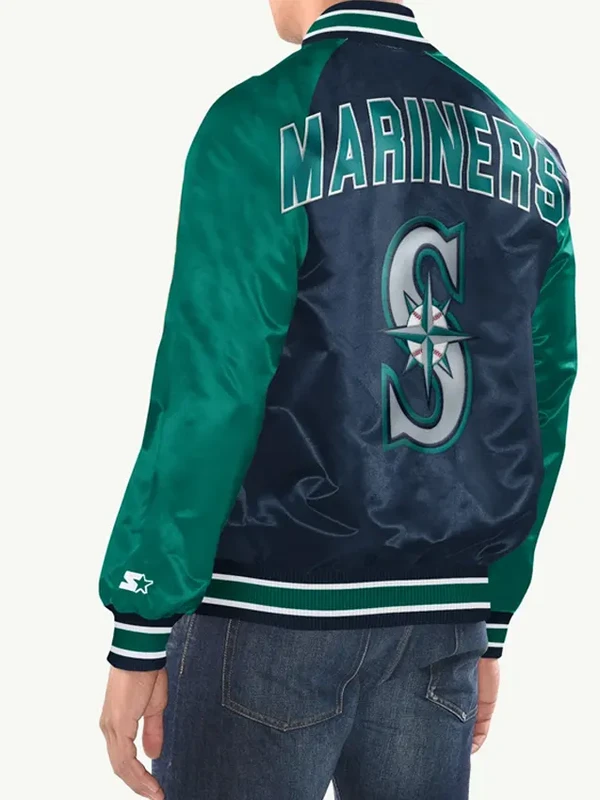 Seattle Mariners Inductee Full Snap Navy Aqua Satin Varsity Jacket
