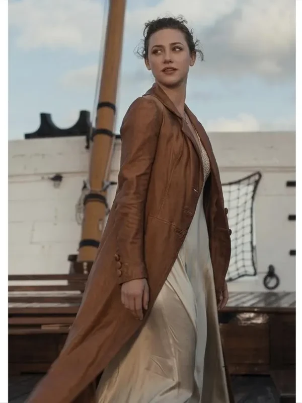 American Actress Lili Reinhart BTS Swim Music Video 2026 Brown Leather Coat