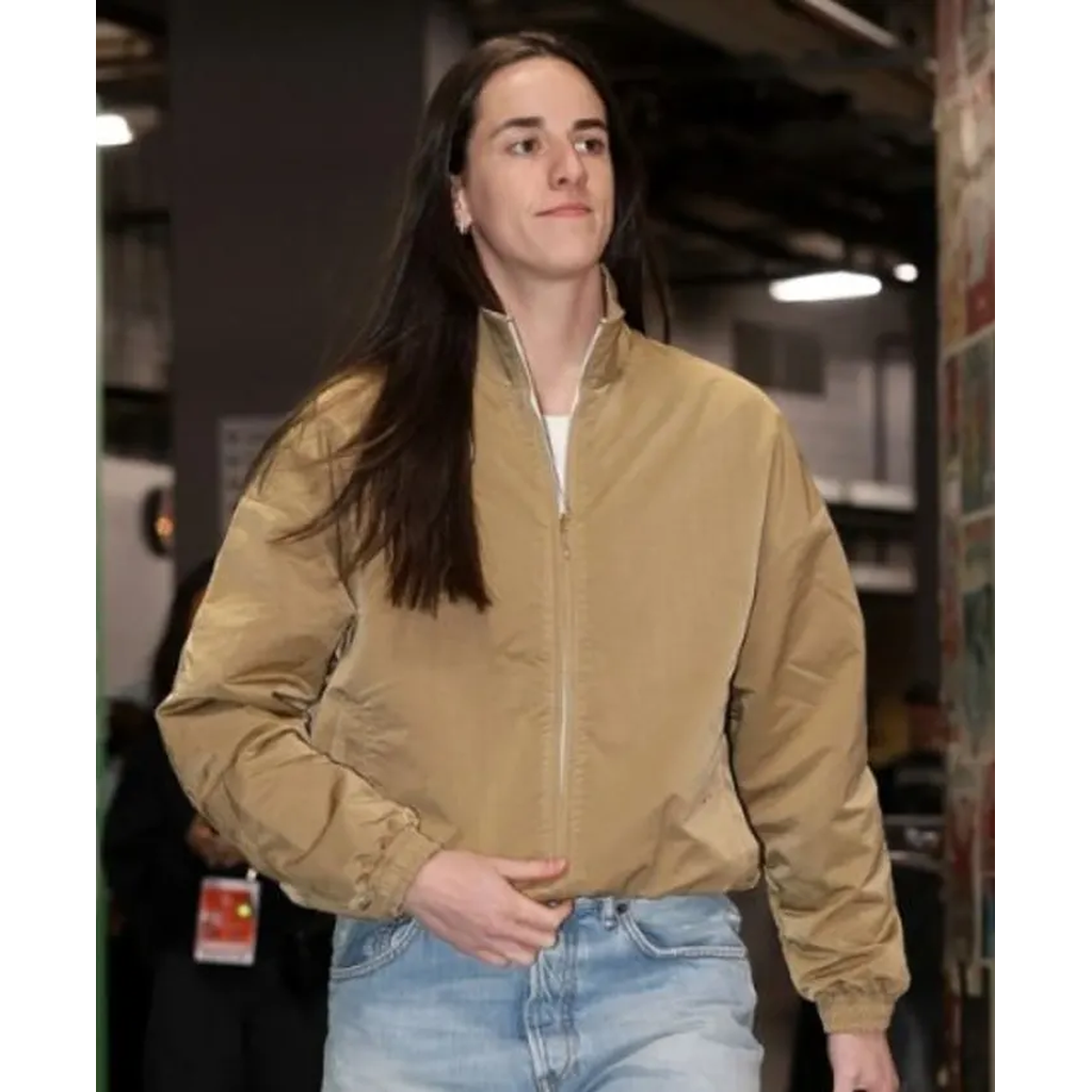 Caitlin Clark Tan Brown Bomber Jacket Front