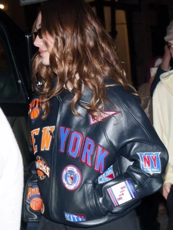 Hailey Bieber New York Knicks Black Leather Jacket